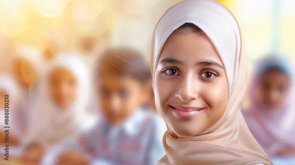 A girl wearing a white scarf is smiling at the camera A girl wearing a white scarf is smiling at the camera