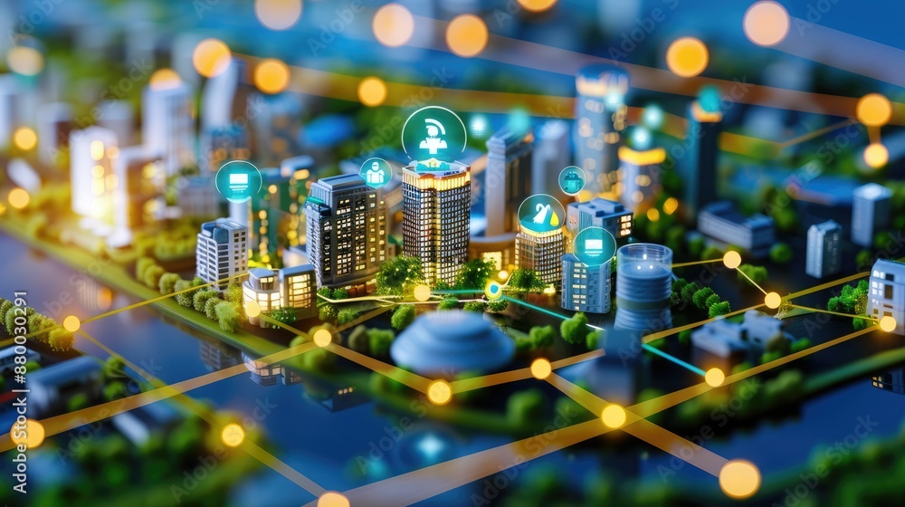 Obraz premium Futuristic smart city model with interconnected digital communication nodes and advanced infrastructure, showcasing urban planning and technology.