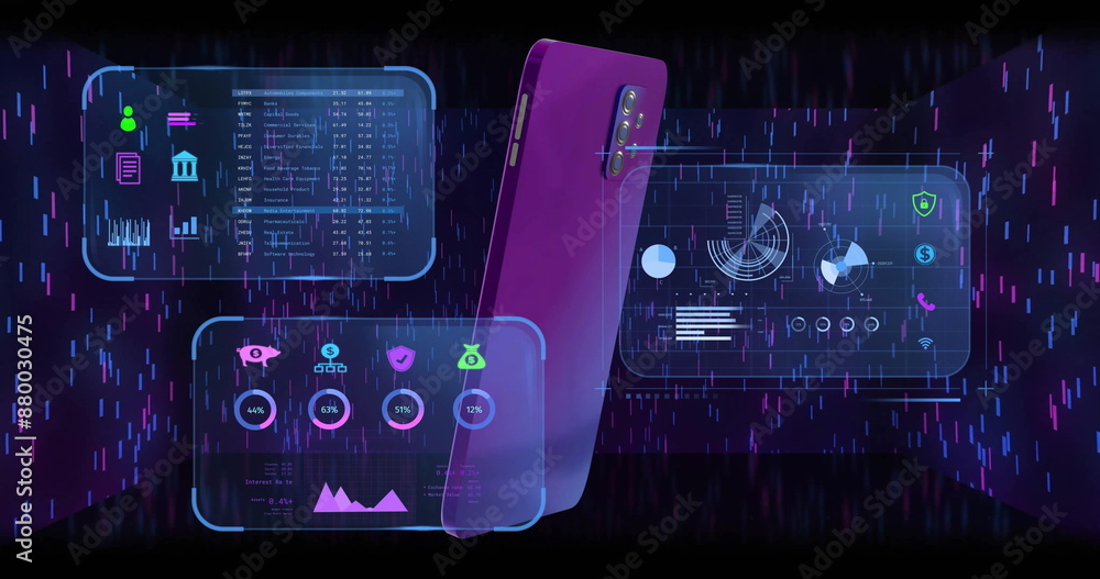 Fototapeta premium Image of financial data processing and smartphone on black background