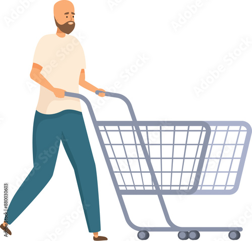 Bearded man walking and pushing an empty shopping cart