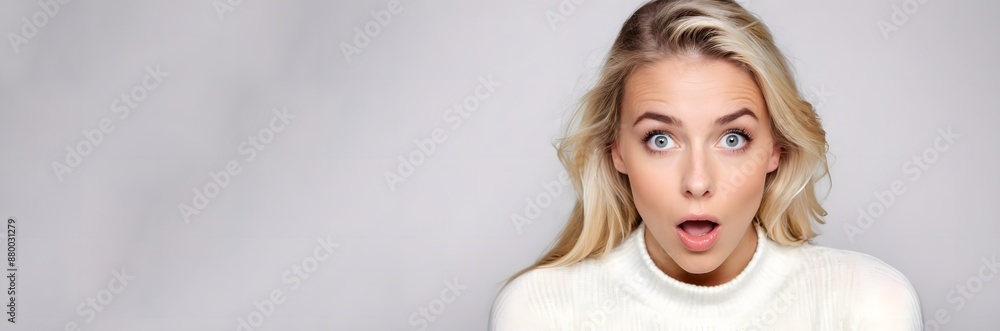 Young blonde woman showing a comical shocked expression, perfect abstract depiction of surprise and best-seller background. Young blonde woman showing a comical shocked expression, perfect abstract depiction of surprise and best-seller background.