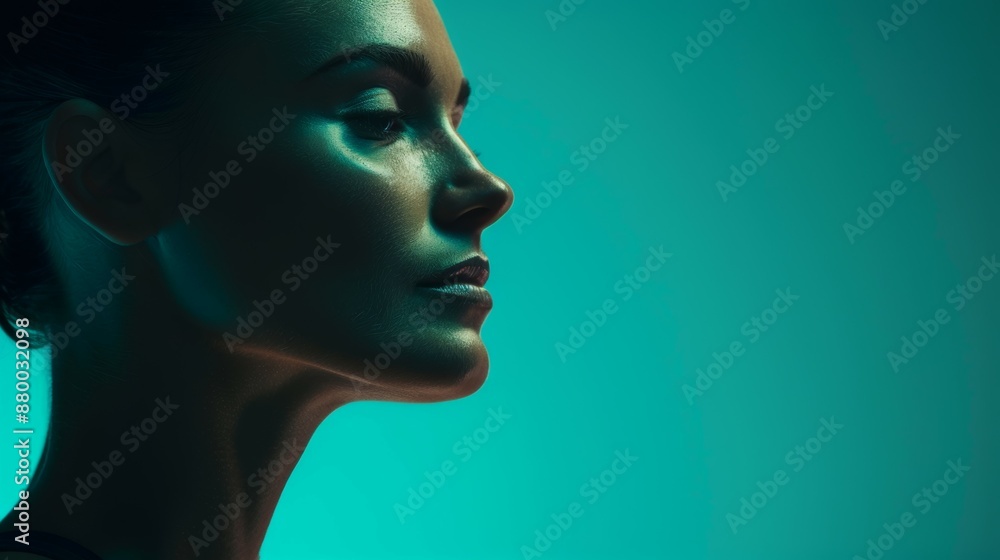 A woman with a shiny face and a dark hair A woman with a shiny face and a dark hair