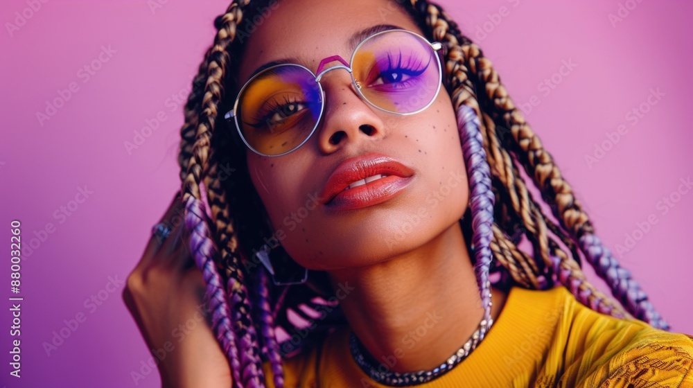 A person wearing purple glasses and a bright yellow shirt, suitable for use in fashion or lifestyle imagery A person wearing purple glasses and a bright yellow shirt, suitable for use in fashion or lifestyle imagery