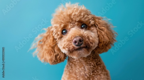 Male poodle dog posing in studio with blue paper background