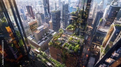 A highangle depiction of a citys skyline, showcasing numerous buildings adorned with vibrant rooftop gardens AIG59 photo