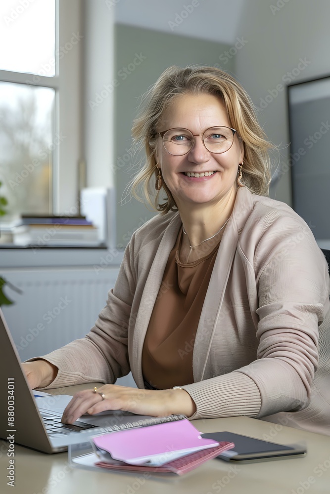 Smiling professional woman working on a laptop in a bright, modern office, ideal for business, workplace, and productivity themes. Smiling professional woman working on a laptop in a bright, modern office, ideal for business, workplace, and productivity themes.