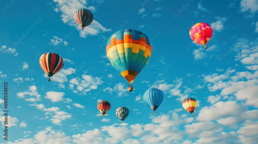 Fototapeta premium Colorful hot air balloons, blue sky, thin clouds, beautiful scenery. Photo by National Geographic