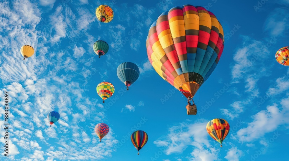 Obraz premium Colorful hot air balloons, blue sky, thin clouds, beautiful scenery. Photo by National Geographic
