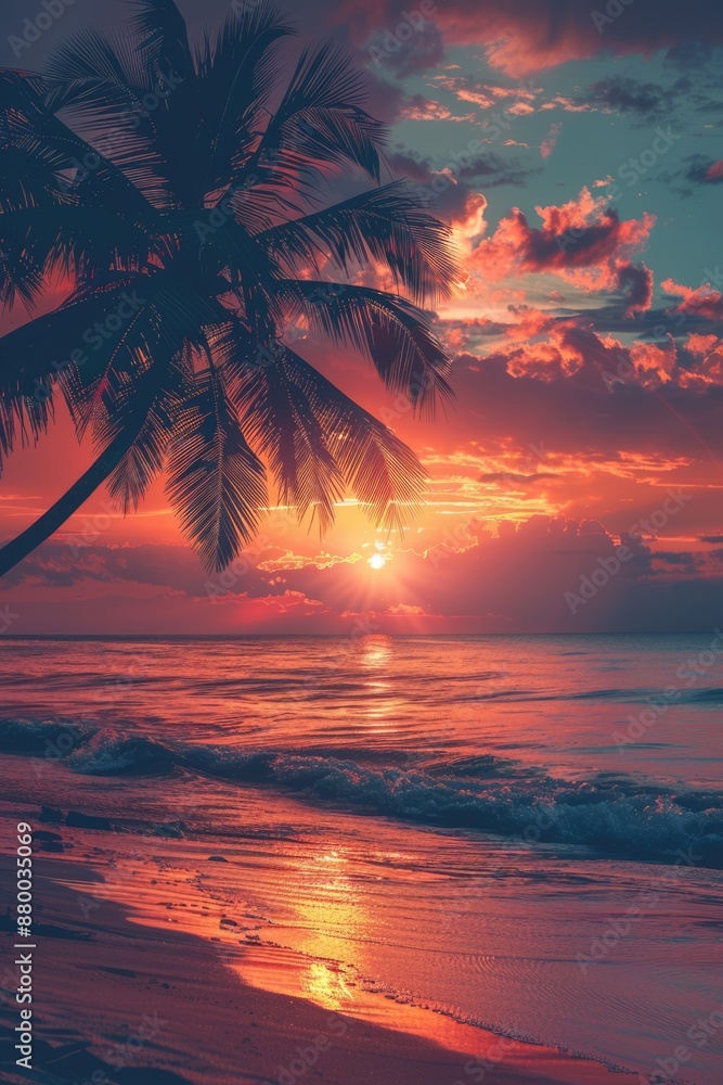 Obraz premium Tropical beach at sunset. Palm trees and sea waves. Paradise island. Trip, travel and vacation theme
