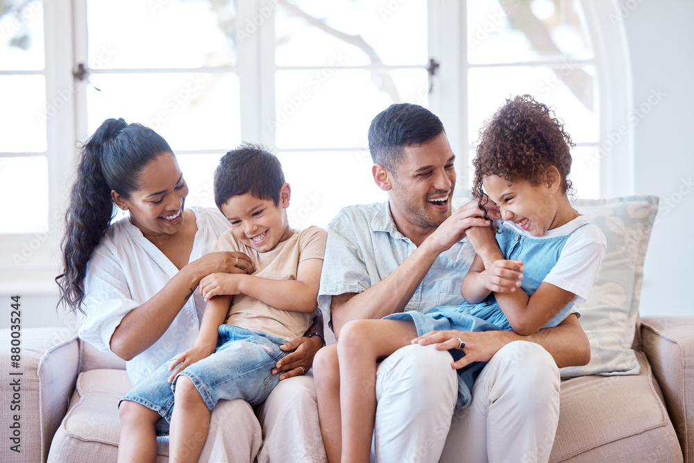 Happy family, laughing and relax on sofa with love, affection and childhood support with safety or security. Mother, father and tickle together in living room of house for fun, bonding and embrace Happy family, laughing and relax on sofa with love, affection and childhood support with safety or security. Mother, father and tickle together in living room of house for fun, bonding and embrace