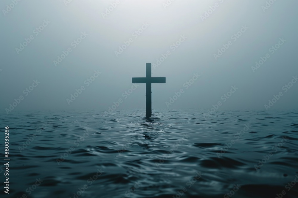 A wooden cross floating in calm water A wooden cross floating in calm water