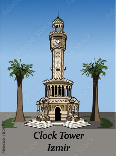 CIMAHI, INDONESIA-JULY 04, 2024-Cute Izmir Turkey Clock Tower unique architecture buildings with natural scenery trees panorama. Vector illustration design cartoon for poster,collection,background.