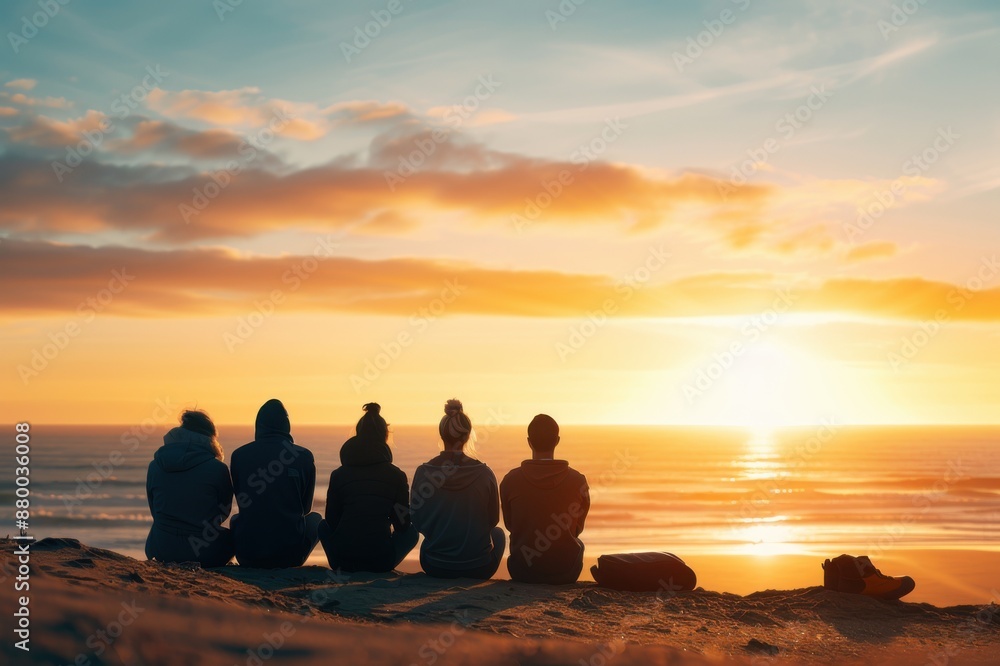 Five friends enjoying a serene sunset by the ocean, sitting on a sandy shore watching the vibrant sky over the water. Five friends enjoying a serene sunset by the ocean, sitting on a sandy shore watching the vibrant sky over the water.