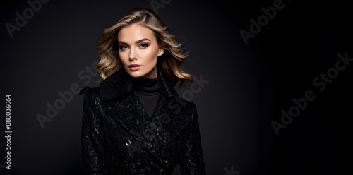 A sophisticated young woman in a stylish black coat, projecting fashion and independence on black studio light background, fashion show magazine model clothing advertisement concept.