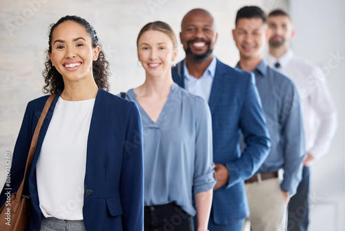 Female leader, group and office with diversity for corporate or management, smile for company with finance. Business people, portrait and leadership for accounting staff in workplace with happiness