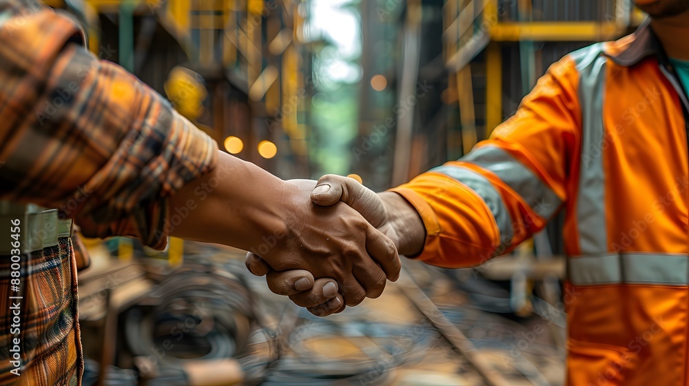 Two men shake hands in a construction site - generative AI Two men shake hands in a construction site - generative AI