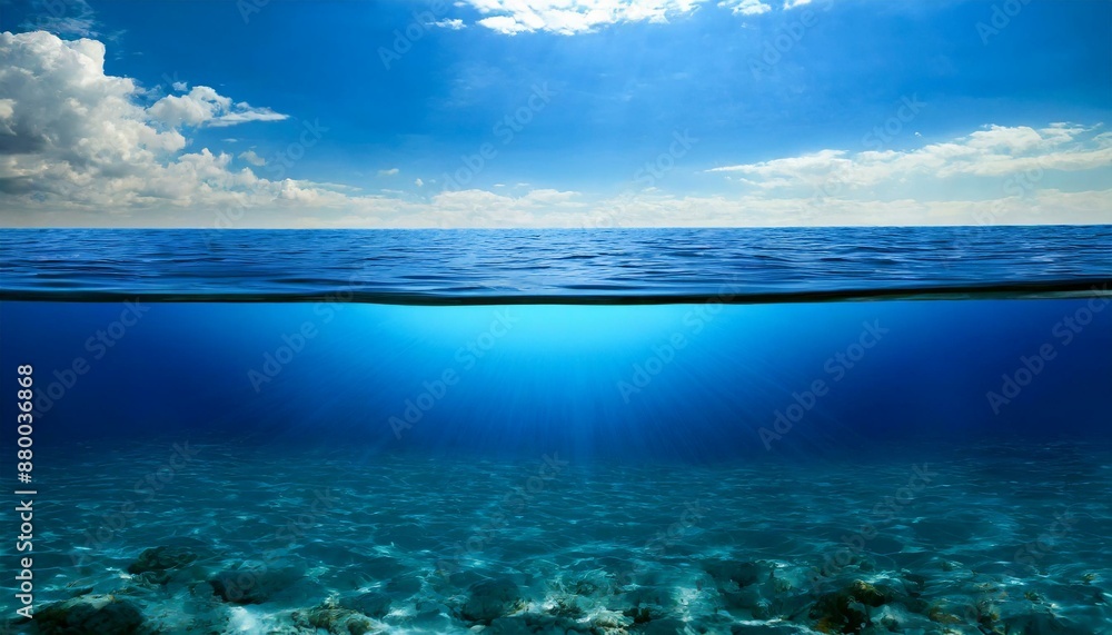 Obraz premium 水中と水上. 二分割構図. Above and Below Water. AI generated.