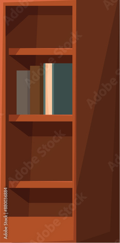 Tall wooden bookcase standing with books on shelf, a classic piece of furniture for storing and displaying books