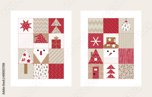 Christmas and New Year Greeting Cards. Winter Holidays Posters in Patchwork Folk Style. Quilting pattern. Vector illustration.