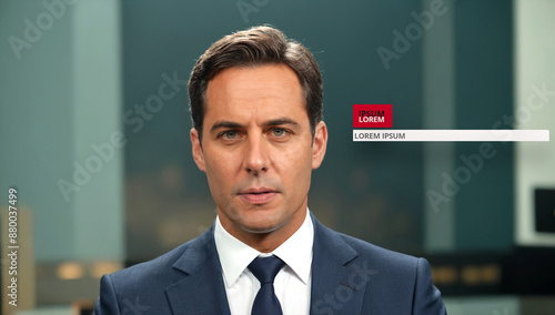 TV presenter or online stream of news and news channels, news and current events, moderated as a video. The news channel is live and broadcasts a live stream photo