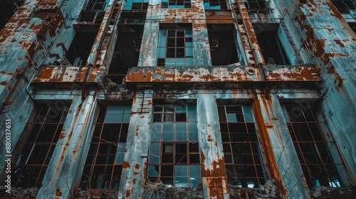 Exterior of an abandoned factory ruins with broken windows and rusted steel structure