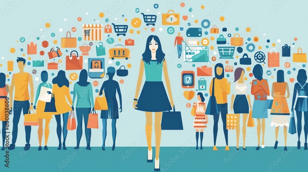 People shopping online and in stores with shopping bags. People shopping online and in stores with shopping bags.