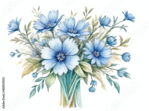 blue flower bouquet watercolor art painting in plain white background clipart