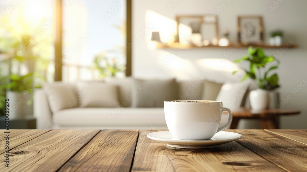 Coffee cup and photo frame on wooden counter with blurred modern living room background Coffee cup and photo frame on wooden counter with blurred modern living room background