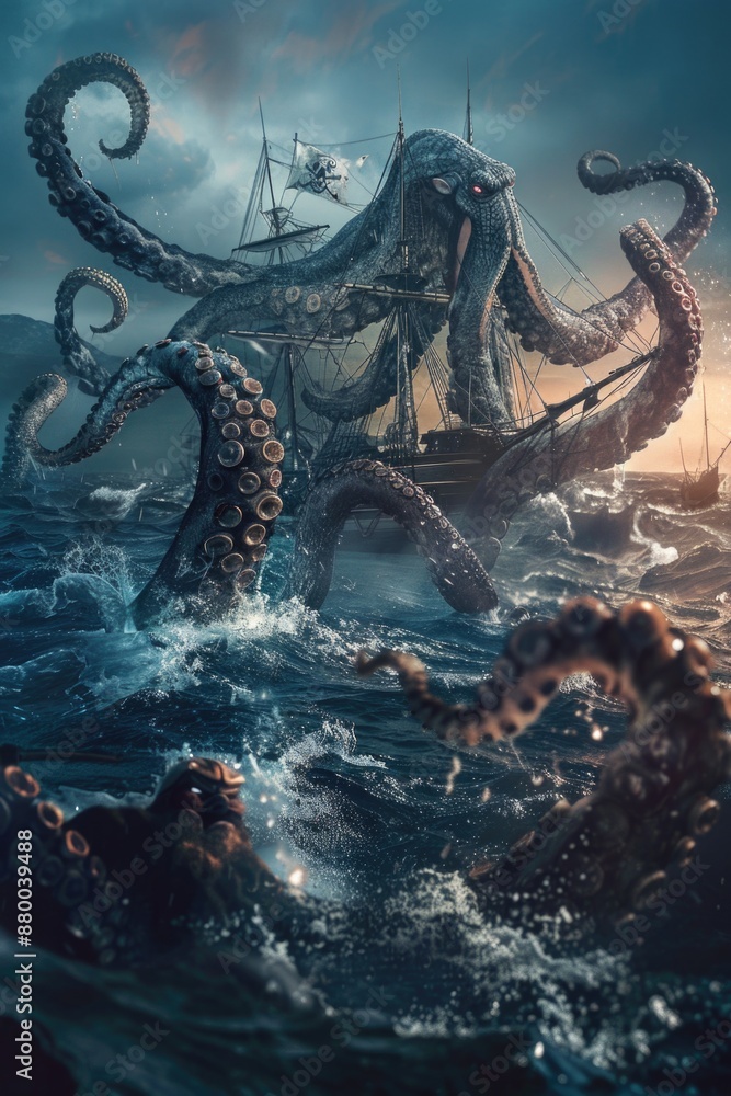 Fototapeta premium An octopus attacks a ship in the open ocean, creating a dramatic and intense scene