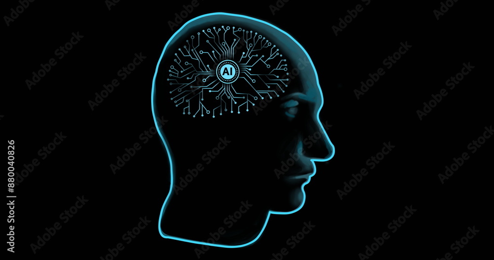 Obraz premium Image of human brain and ai data processing over black background
