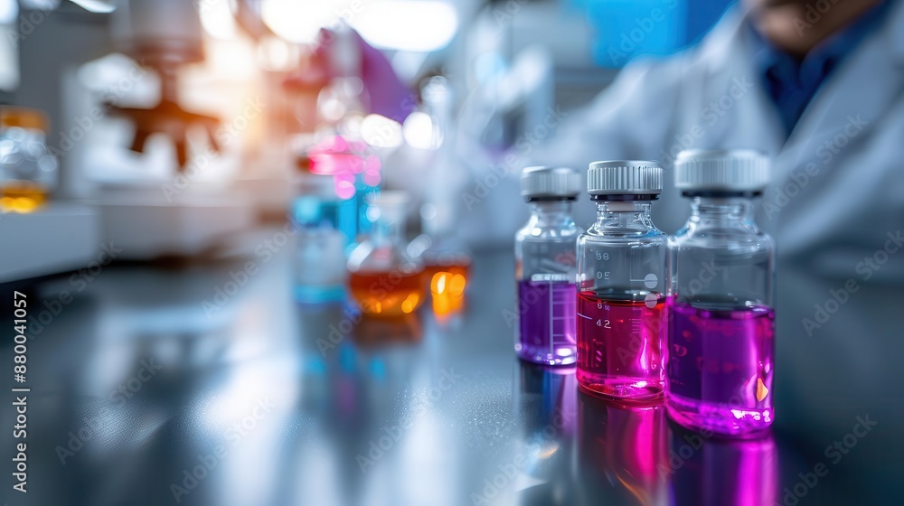 A chemist analyzing samples in a high-tech biotechnology lab, large reactors and colorful chemical solutions in the background A chemist analyzing samples in a high-tech biotechnology lab, large reactors and colorful chemical solutions in the background