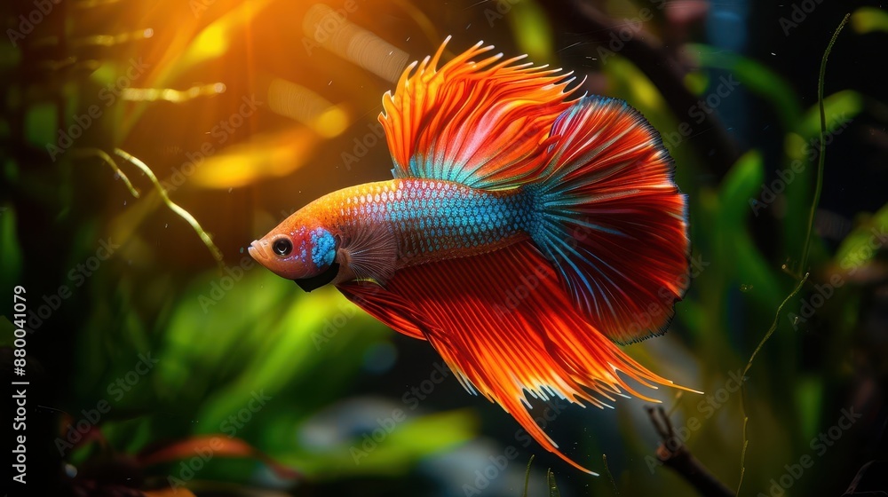 A dynamic scene of a Betta fish with a dazzling, multi-colored long tail, darting through water reeds in a freshwater tank A dynamic scene of a Betta fish with a dazzling, multi-colored long tail, darting through water reeds in a freshwater tank