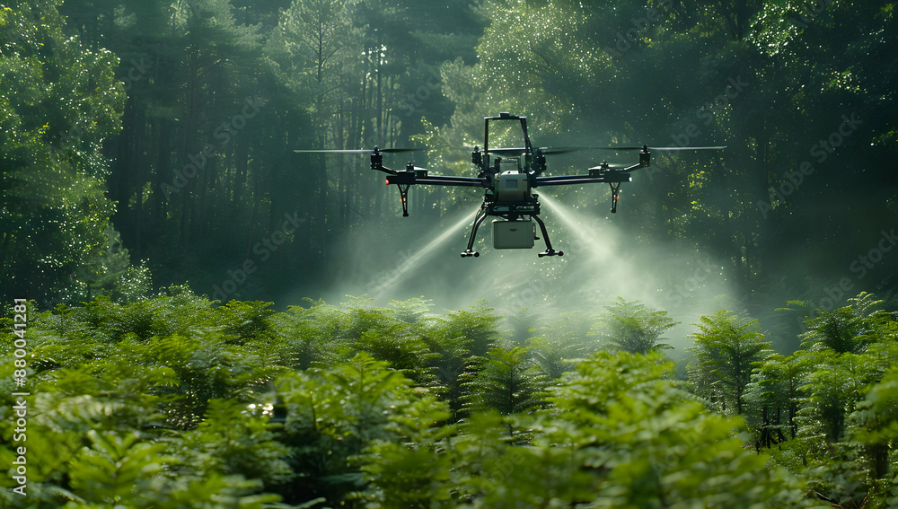 A drone spraying pesticide over green crops in a dense forest. Innovative technology for efficient farming and agriculture in action. A drone spraying pesticide over green crops in a dense forest. Innovative technology for efficient farming and agriculture in action.