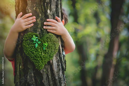 A child hugs a tree with a moss heart in a lush forest, symbolizing love and connection to nature.