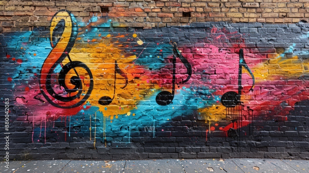 Fototapeta premium Colorful Music Notes Graffiti on Brick Wall