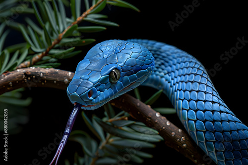 Close-up of a vibrant blue viper snake on a branch, showcasing its striking scales and intense eyes.