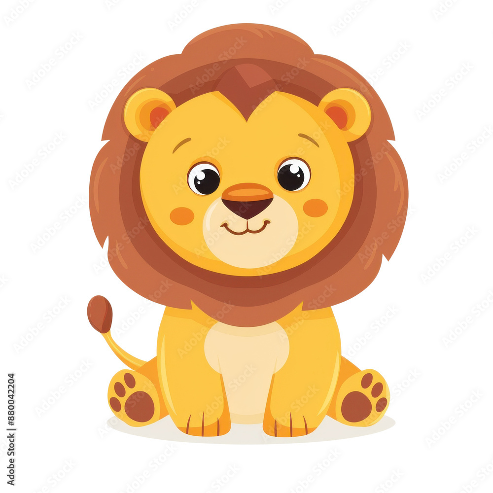 Obraz premium Cute cartoon lion with a big mane, perfect for children's books, educational materials, and playful designs. Isolated on transparent background.