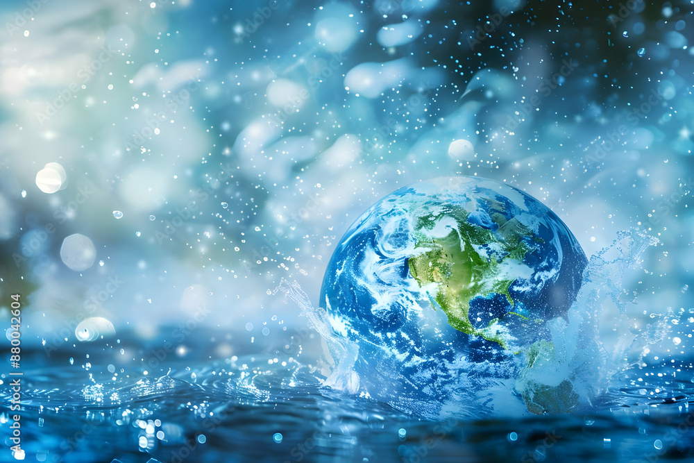 Earth globe partially submerged in water with sparkling light reflections, symbolizing environmental issues and the planet's future. Earth globe partially submerged in water with sparkling light reflections, symbolizing environmental issues and the planet's future.