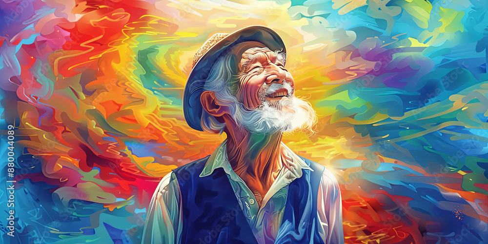 Fototapeta premium vibrant portrait of an elderly man with a white beard, generative AI
