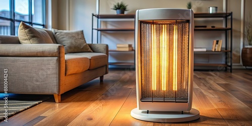 Halogen light heater emitting warmth and light in a cozy room setting, halogen, light, heater, warmth, cozy, room, setting photo