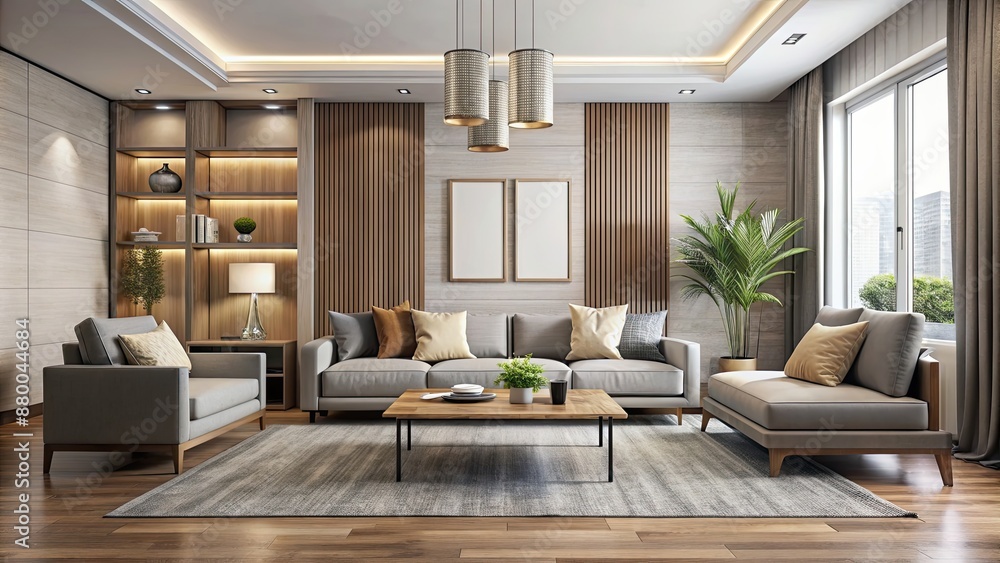 Fototapeta premium Modern living room with sleek furniture and neutral color palette, interior design, contemporary, home decor