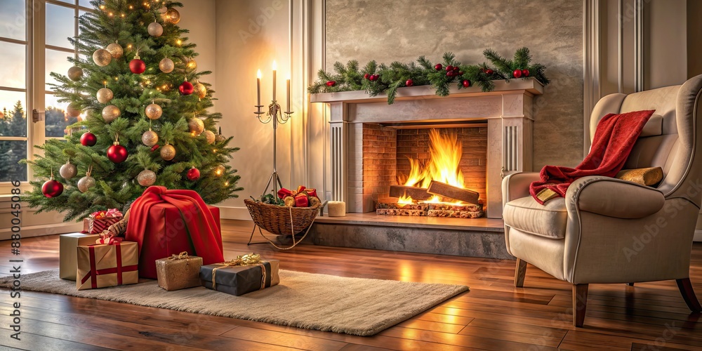Interior of cozy living room with Santa bag next to fireplace, Christmas, holiday, home, cozy, decorations, festive, traditional