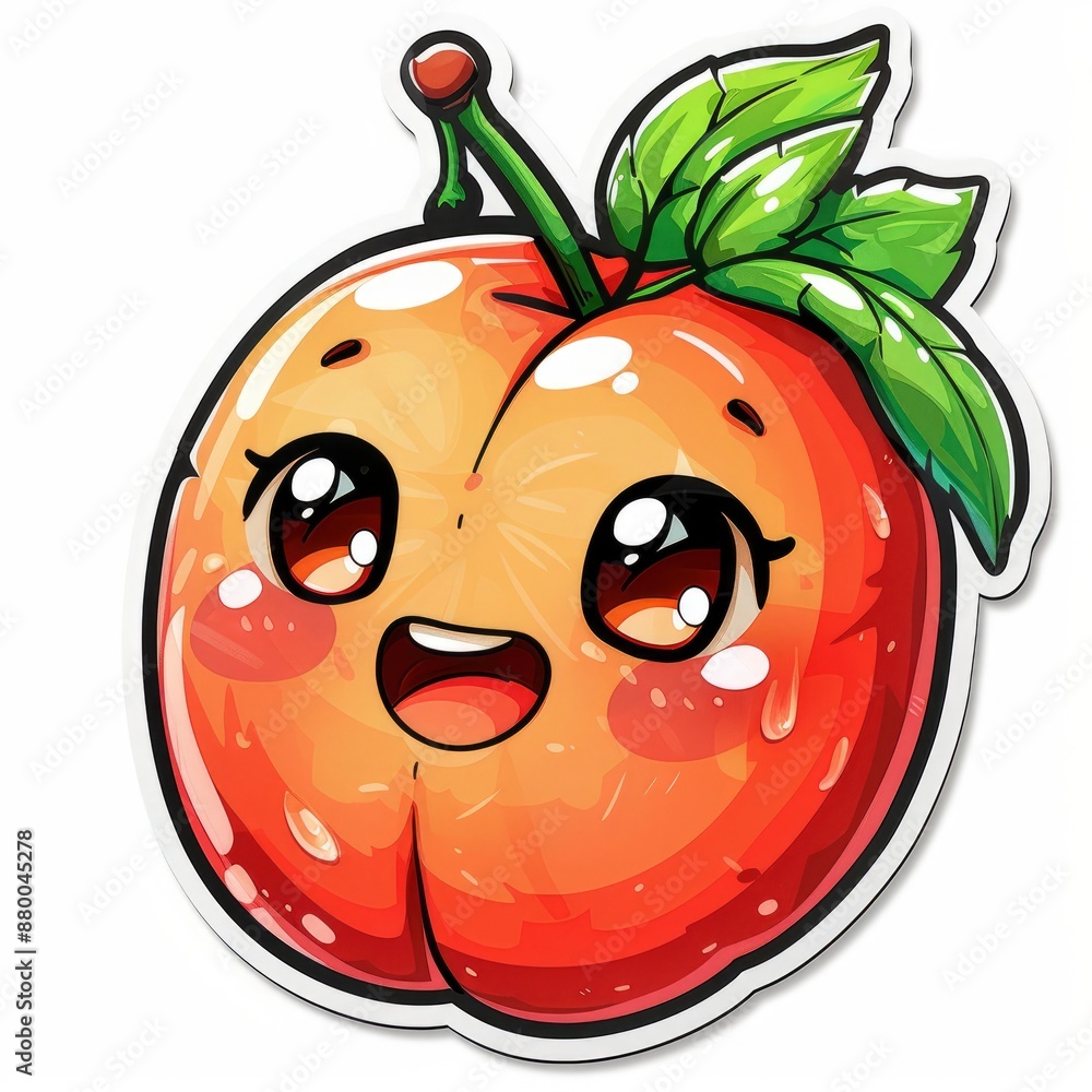Obraz premium cute nectarine sticker, kawaii, functionality stickers, sticker outline, simple background, character, shape