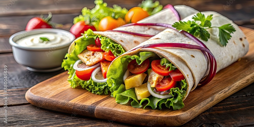 Grilled chicken wrap with fresh vegetables and sauce, Grilled chicken, wrap, tortilla, vegetables, lettuce, tomato, cucumber Grilled chicken wrap with fresh vegetables and sauce, Grilled chicken, wrap, tortilla, vegetables, lettuce, tomato, cucumber