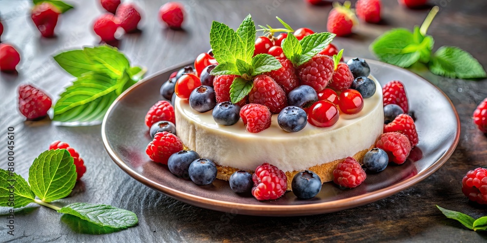 Delectable dessert dish with fresh green leaves and vibrant red berries, food, dessert, sweet, tasty, delicious Delectable dessert dish with fresh green leaves and vibrant red berries, food, dessert, sweet, tasty, delicious