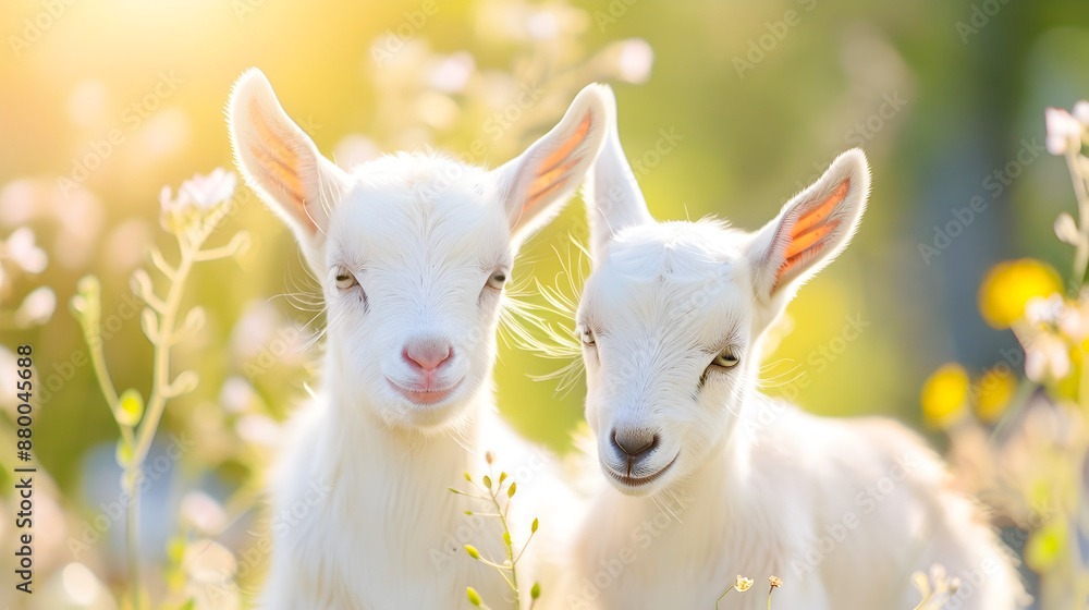 Obraz premium Two cute and playful baby goats or kids enjoying the warm summer day in a vibrant green meadow on a picturesque countryside farm The adorable young caprine animals are surrounded by lush grass