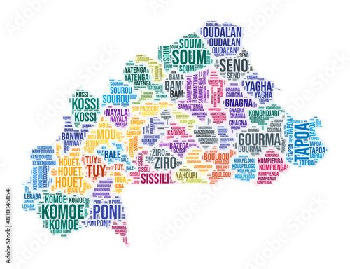 Burkina Faso region word cloud. Country shape design. Burkina Faso colored illustration. Region names collage cloud. Vector illustration.