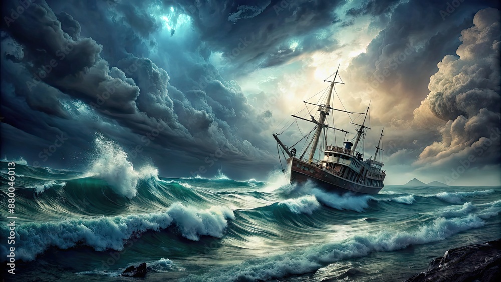 Ghost ship caught in a stormy sea with dark clouds and crashing waves, ghost ship, stormy sea, dark clouds, crashing waves Ghost ship caught in a stormy sea with dark clouds and crashing waves, ghost ship, stormy sea, dark clouds, crashing waves