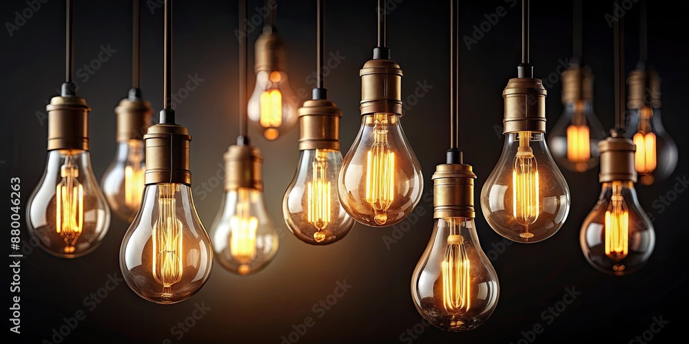 Obraz premium Hanging bulbs emit harmonious light against a dark background, Hanging, bulbs, lights, harmonious, glow