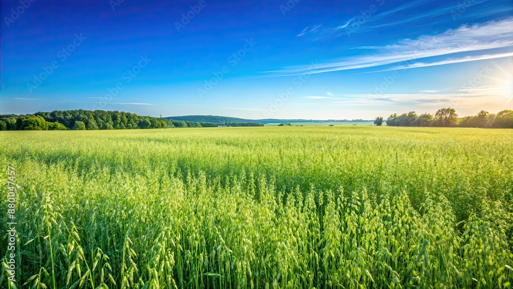 Green oat field against blue sky on early summer, oat field, green, blue sky, cultivation, Avena sativa, agriculture, nature, summer Green oat field against blue sky on early summer, oat field, green, blue sky, cultivation, Avena sativa, agriculture, nature, summer